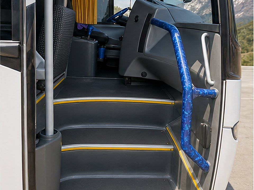 Grupo corporativo abordando bus privado moderno para traslado empresarial